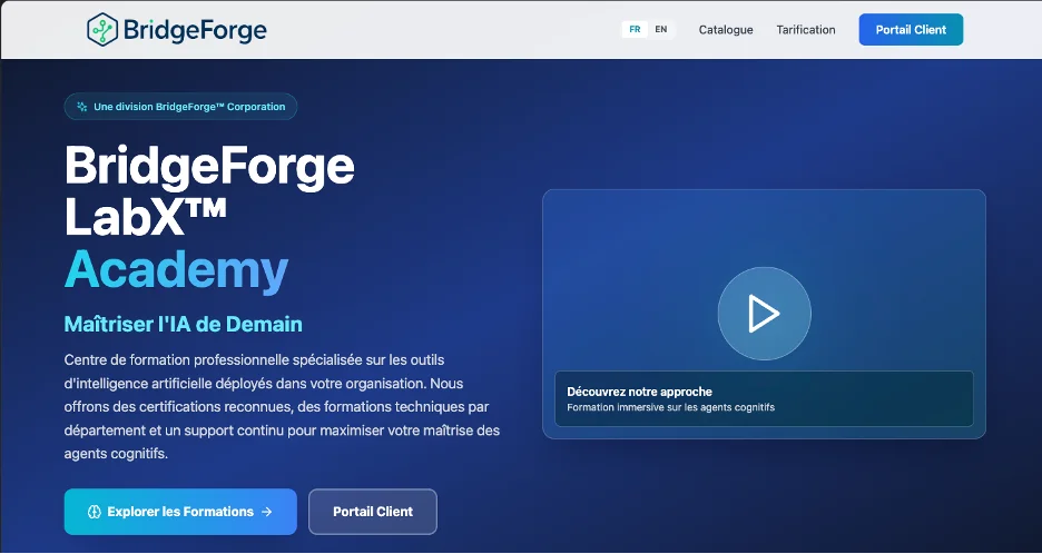 Plateforme BridgeForge LabX™ Academy - Interface de formation professionnelle